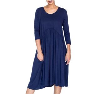 Agnes & Dora Navy Blue Round Neck 3/4 Sleeve Pleated Fit & Flare Dress Large